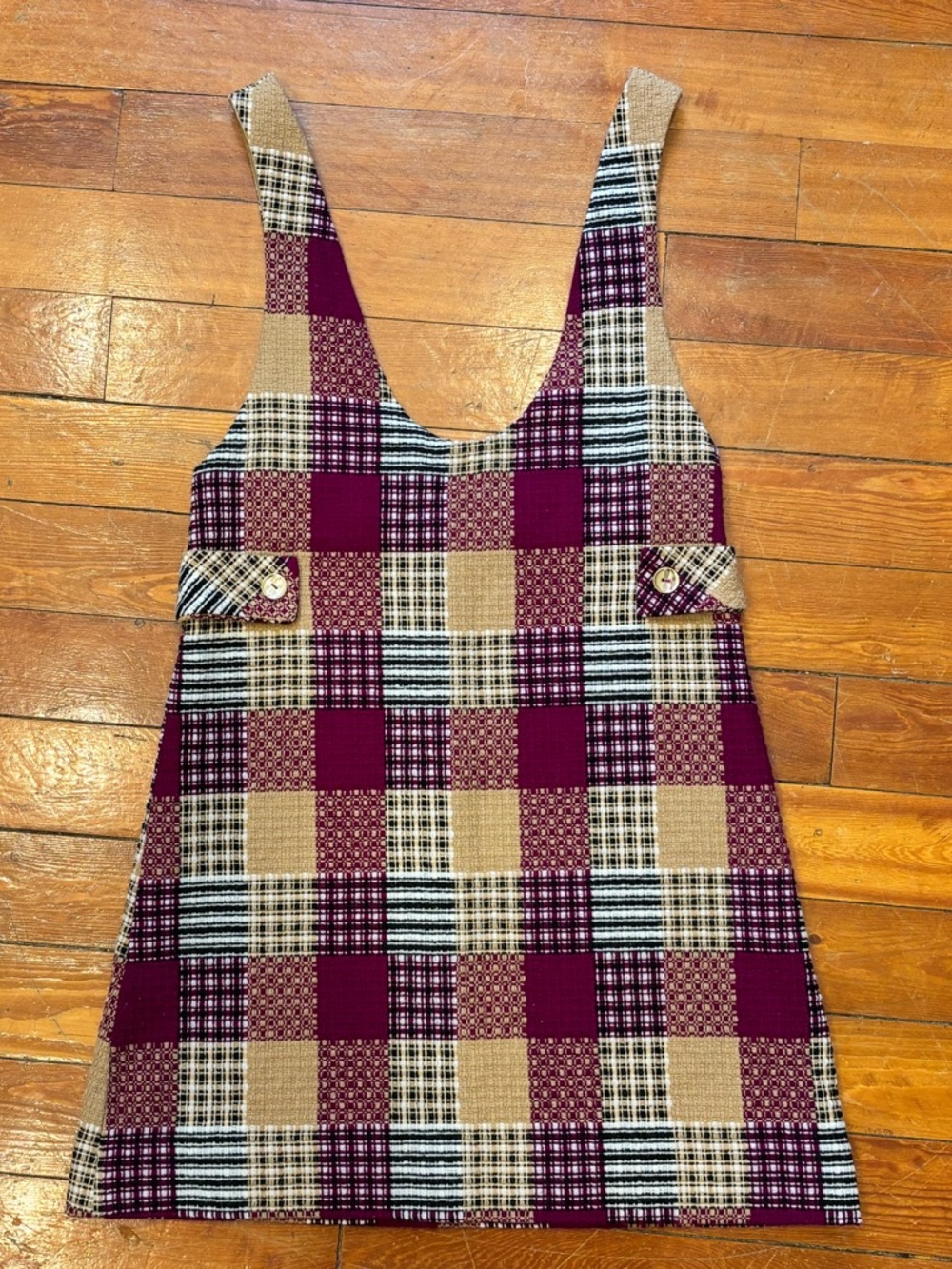Vintage Plaid Pinafore Dress in Burgundy and Mustard Mini Size M - Picture 6 of 8